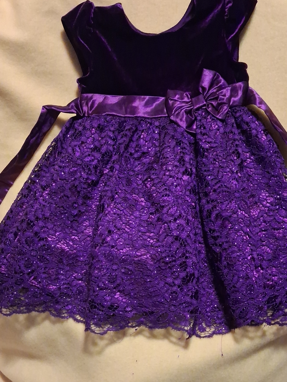 Purple Lace & Velvet Flower Sash Dress for Girls